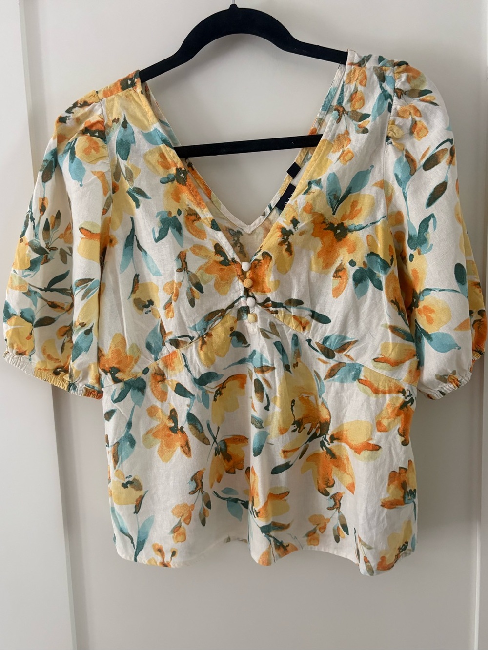 Linen Blend Floral Puff Sleeve Blouse | Button Front | Summer Top | Small